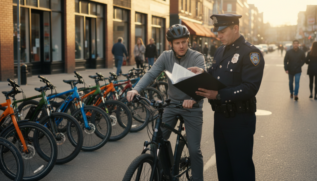 A police officer in a crisp uniform is conducting an e-bike checkpoint in an urban setting, showcasing a friendly yet authoritative demeanor. In the foreground, the officer is holding an e-bike manual, while a cyclist is being approached for a routine check, looking slightly concerned but compliant. The middle ground features a neatly organized line of e-bikes parked, highlighting diverse designs and colors. Behind them, a city street with shops and walking pedestrians adds life to the scene, illuminated by warm, late afternoon sunlight. The image should evoke a sense of lawfulness and safety, capturing the seriousness of e-bike regulations in a practical context. The angle is slightly elevated, providing a comprehensive view of the scenario without text or distractions. A police officer in a crisp uniform is conducting an e-bike checkpoint in an urban setting, showcasing a friendly yet authoritative demeanor. In the foreground, the officer is holding an e-bike manual, while a cyclist is being approached for a routine check, looking slightly concerned but compliant. The middle ground features a neatly organized line of e-bikes parked, highlighting diverse designs and colors. Behind them, a city street with shops and walking pedestrians adds life to the scene, illuminated by warm, late afternoon sunlight. The image should evoke a sense of lawfulness and safety, capturing the seriousness of e-bike regulations in a practical context. The angle is slightly elevated, providing a comprehensive view of the scenario without text or distractions.