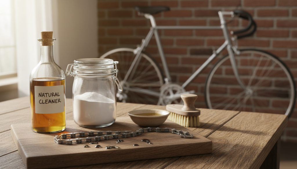 A rustic kitchen countertop filled with natural ingredients for bike chain cleaning, including a bottle of vinegar, a jar of baking soda, a small bowl of olive oil, and a brush for scrubbing. In the foreground, a clean bike chain laid out on a wooden surface with a few drops of cleaning solution glistening in the light. The middle ground features a well-used bicycle in the background, showcasing the type of bike that might require maintenance, subtly blurred to focus on the cleaning supplies in the foreground. Soft, warm lighting filters in from a nearby window, creating a cozy and inviting atmosphere. The overall mood is one of practicality and resourcefulness, emphasizing the use of simple household items for bike care. A rustic kitchen countertop filled with natural ingredients for bike chain cleaning, including a bottle of vinegar, a jar of baking soda, a small bowl of olive oil, and a brush for scrubbing. In the foreground, a clean bike chain laid out on a wooden surface with a few drops of cleaning solution glistening in the light. The middle ground features a well-used bicycle in the background, showcasing the type of bike that might require maintenance, subtly blurred to focus on the cleaning supplies in the foreground. Soft, warm lighting filters in from a nearby window, creating a cozy and inviting atmosphere. The overall mood is one of practicality and resourcefulness, emphasizing the use of simple household items for bike care.