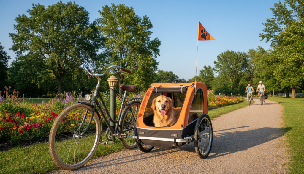A scenic outdoor setting with a sunny blue sky, showcasing a well-designed dog bicycle trailer parked next to a bicycle. In the foreground, the dog trailer is vividly illustrated, featuring a sturdy frame, a spacious compartment with mesh windows, and a reflective safety flag. On one side, an excited dog, a happy Golden Retriever, peeks out, embodying the joy of a biking adventure. In the middle ground, the bicycle is positioned with a casual park path visible, lined with greenery and flowers to set a cheerful atmosphere. The background reveals a park environment with trees and other cyclists, capturing a sense of community and outdoor fun. The lighting is warm and inviting, simulating a late afternoon sun, enhancing the vibrant colors and creating a sense of relaxation and joy in outdoor activities. A scenic outdoor setting with a sunny blue sky, showcasing a well-designed dog bicycle trailer parked next to a bicycle. In the foreground, the dog trailer is vividly illustrated, featuring a sturdy frame, a spacious compartment with mesh windows, and a reflective safety flag. On one side, an excited dog, a happy Golden Retriever, peeks out, embodying the joy of a biking adventure. In the middle ground, the bicycle is positioned with a casual park path visible, lined with greenery and flowers to set a cheerful atmosphere. The background reveals a park environment with trees and other cyclists, capturing a sense of community and outdoor fun. The lighting is warm and inviting, simulating a late afternoon sun, enhancing the vibrant colors and creating a sense of relaxation and joy in outdoor activities.