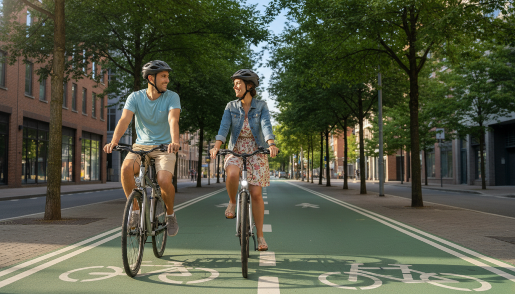 A scenic street view showcasing two cyclists riding side by side in a harmonious manner, dressed in modest casual clothing, demonstrating the concept of riding next to each other. In the foreground, focus on the cyclists, one male and one female, smiling and engaging in conversation, with their bicycles reflecting modern designs. The middle ground features a clear bike lane marked according to regulations, while the background captures a vibrant urban setting with lush green trees and hints of nearby buildings under a bright blue sky. The lighting is warm and inviting, suggesting a sunny day, while the angle is slightly elevated to emphasize the cyclists’ interaction and the bike lane's importance. The mood is friendly and informative, embodying community and shared experiences. A scenic street view showcasing two cyclists riding side by side in a harmonious manner, dressed in modest casual clothing, demonstrating the concept of riding next to each other. In the foreground, focus on the cyclists, one male and one female, smiling and engaging in conversation, with their bicycles reflecting modern designs. The middle ground features a clear bike lane marked according to regulations, while the background captures a vibrant urban setting with lush green trees and hints of nearby buildings under a bright blue sky. The lighting is warm and inviting, suggesting a sunny day, while the angle is slightly elevated to emphasize the cyclists’ interaction and the bike lane's importance. The mood is friendly and informative, embodying community and shared experiences.