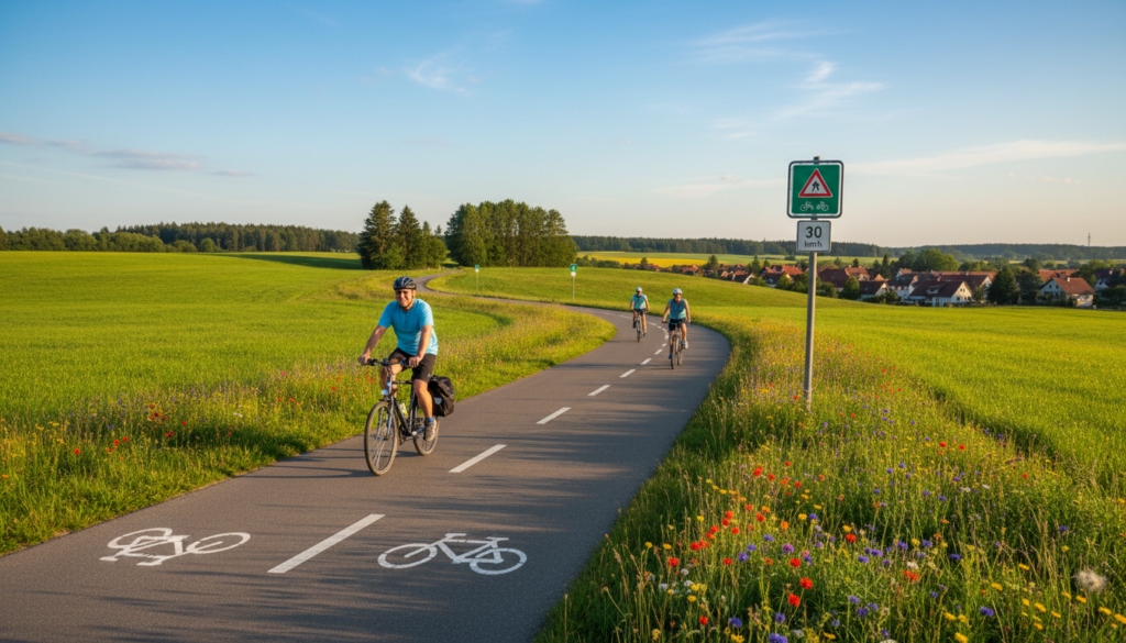 A serene and picturesque countryside scene featuring a designated bicycle lane (fahrradstraße) that gently curves through rolling green hills. In the foreground, a well-maintained bike path stretches forward, flanked by vibrant wildflowers and a clear blue sky overhead. A cyclist, dressed in casual, modest athletic clothing, rides confidently, embodying the essence of outdoor cycling. In the middle ground, a few cyclists are visible, maintaining a moderate speed, while signs indicating speed limits and safety rules are subtly integrated into the landscape. The background reveals a distant village with charming houses and a few trees, adding depth to the scene. The lighting is warm and inviting, suggesting a perfect day for cycling. The overall mood is peaceful and motivating, highlighting the harmony between nature and cycling. A serene and picturesque countryside scene featuring a designated bicycle lane (fahrradstraße) that gently curves through rolling green hills. In the foreground, a well-maintained bike path stretches forward, flanked by vibrant wildflowers and a clear blue sky overhead. A cyclist, dressed in casual, modest athletic clothing, rides confidently, embodying the essence of outdoor cycling. In the middle ground, a few cyclists are visible, maintaining a moderate speed, while signs indicating speed limits and safety rules are subtly integrated into the landscape. The background reveals a distant village with charming houses and a few trees, adding depth to the scene. The lighting is warm and inviting, suggesting a perfect day for cycling. The overall mood is peaceful and motivating, highlighting the harmony between nature and cycling.