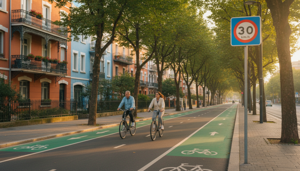 A serene urban bicycle street, featuring a clear "speed limit" sign indicating a maximum of 30 km/h for cyclists. In the foreground, a well-maintained bicycle lane with a smooth asphalt surface, vibrant green bike lane markings, and a couple of cyclists in modest active wear riding at a safe, leisurely pace. The middle ground showcases lush trees lining the street, creating a natural archway above, with soft sunlight filtering through the leaves, casting gentle shadows on the lane. In the background, charming residential buildings with colorful facades and small balconies, highlighting a peaceful neighborhood atmosphere. The scene is bathed in warm, golden-hour lighting, creating an inviting and serene mood, ideal for conveying the importance of speed limits on bicycle streets without any text or distractions. A serene urban bicycle street, featuring a clear "speed limit" sign indicating a maximum of 30 km/h for cyclists. In the foreground, a well-maintained bicycle lane with a smooth asphalt surface, vibrant green bike lane markings, and a couple of cyclists in modest active wear riding at a safe, leisurely pace. The middle ground showcases lush trees lining the street, creating a natural archway above, with soft sunlight filtering through the leaves, casting gentle shadows on the lane. In the background, charming residential buildings with colorful facades and small balconies, highlighting a peaceful neighborhood atmosphere. The scene is bathed in warm, golden-hour lighting, creating an inviting and serene mood, ideal for conveying the importance of speed limits on bicycle streets without any text or distractions.