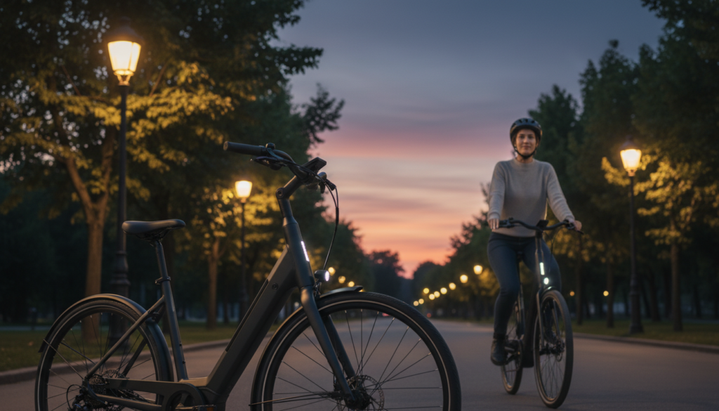 A serene urban park setting during dusk, featuring a stylish pedelec bicycle parked prominently in the foreground. The pedelec, a sleek design with a lightweight frame, is equipped with modern features like a digital display and integrated lights. In the middle ground, a cyclist in casual but professional attire rides the pedelec, displaying a relaxed posture, embodying the joy of cycling. Surrounding the cyclist are lush green trees and soft glowing street lamps, casting a warm, inviting light. In the background, a clear sky transitions from orange to deep blue, suggesting the end of a productive day. The overall mood is peaceful and empowering, highlighting the benefits of using a pedelec as a safe alternative for transportation. A serene urban park setting during dusk, featuring a stylish pedelec bicycle parked prominently in the foreground. The pedelec, a sleek design with a lightweight frame, is equipped with modern features like a digital display and integrated lights. In the middle ground, a cyclist in casual but professional attire rides the pedelec, displaying a relaxed posture, embodying the joy of cycling. Surrounding the cyclist are lush green trees and soft glowing street lamps, casting a warm, inviting light. In the background, a clear sky transitions from orange to deep blue, suggesting the end of a productive day. The overall mood is peaceful and empowering, highlighting the benefits of using a pedelec as a safe alternative for transportation.