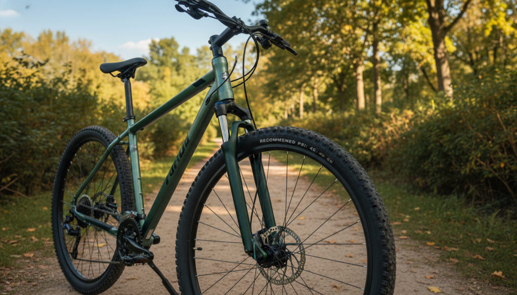 A sleek 28-inch trekking bike with a sturdy frame and rugged tires, positioned prominently in the foreground. The bike's tires are highlighted, clearly showing the tread pattern and an accurate depiction of recommended PSI. In the middle ground, a scenic trail through a lush green park, capturing the essence of urban exploration and nature. The background features soft focus trees and a bright blue sky, suggesting a pleasant day for cycling. The lighting is warm and inviting, with sunlight filtering through the leaves, enhancing the bike's details. The perspective is slightly elevated, allowing for an engaging view of the bike while illustrating the surrounding landscape. The overall mood is one of adventure and readiness to tackle diverse terrains, embodying the spirit of trekking. A sleek 28-inch trekking bike with a sturdy frame and rugged tires, positioned prominently in the foreground. The bike's tires are highlighted, clearly showing the tread pattern and an accurate depiction of recommended PSI. In the middle ground, a scenic trail through a lush green park, capturing the essence of urban exploration and nature. The background features soft focus trees and a bright blue sky, suggesting a pleasant day for cycling. The lighting is warm and inviting, with sunlight filtering through the leaves, enhancing the bike's details. The perspective is slightly elevated, allowing for an engaging view of the bike while illustrating the surrounding landscape. The overall mood is one of adventure and readiness to tackle diverse terrains, embodying the spirit of trekking.