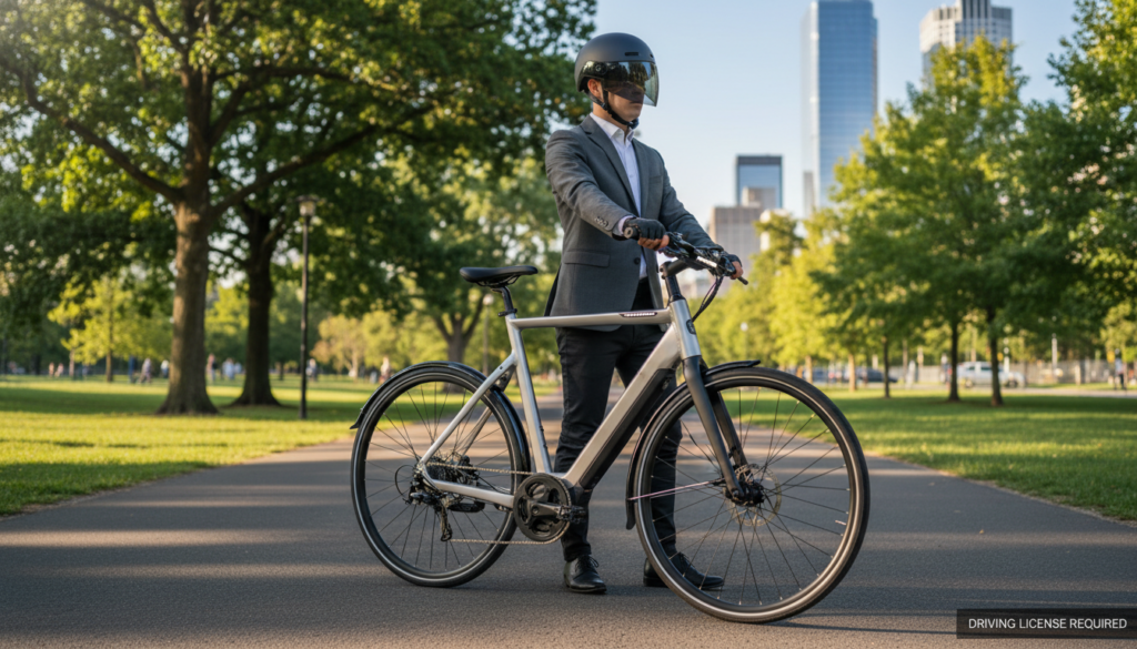 A sleek and modern s-pedelec bike is prominently displayed in the foreground, showcasing its aerodynamic design and distinct features like the powerful motor and battery integrated into the frame. The bike is positioned in an urban environment, with a cyclist wearing a helmet and professional attire, emphasizing safety and regulation. In the middle ground, a smooth road winds through a picturesque park setting with green trees and subtle hints of urban architecture in soft focus, capturing a vibrant atmosphere of freedom and mobility. Bright, natural sunlight fills the scene, casting gentle shadows and enhancing the bike's shiny metallic surfaces. The image conveys a sense of excitement and responsibility associated with using high-speed e-bikes, perfect for illustrating the section on driving licenses. A sleek and modern s-pedelec bike is prominently displayed in the foreground, showcasing its aerodynamic design and distinct features like the powerful motor and battery integrated into the frame. The bike is positioned in an urban environment, with a cyclist wearing a helmet and professional attire, emphasizing safety and regulation. In the middle ground, a smooth road winds through a picturesque park setting with green trees and subtle hints of urban architecture in soft focus, capturing a vibrant atmosphere of freedom and mobility. Bright, natural sunlight fills the scene, casting gentle shadows and enhancing the bike's shiny metallic surfaces. The image conveys a sense of excitement and responsibility associated with using high-speed e-bikes, perfect for illustrating the section on driving licenses.