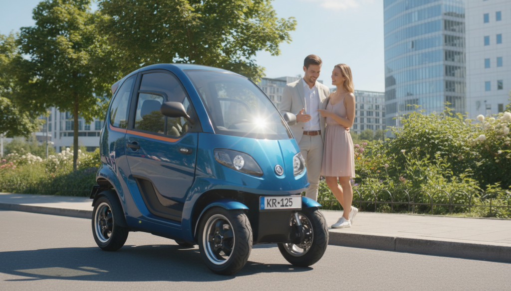 A sleek, modern Kabinenroller in the 125cc class, parked on an urban street, surrounded by greenery. The foreground features the Kabinenroller with its vibrant colors and aerodynamic design, showcasing its spacious cabin and efficient features. In the middle ground, a well-dressed young couple stands beside the vehicle, smiling and discussing its benefits, reflecting a sense of freedom and practicality. In the background, a clear blue sky contrasts with the cityscape, emphasizing a bright and sunny day. Soft natural lighting highlights the curves and details of the Kabinenroller, with a slight lens flare to add depth. The overall atmosphere is cheerful and informative, encapsulating the modern lifestyle and legal nuances of riding a Kabinenroller. A sleek, modern Kabinenroller in the 125cc class, parked on an urban street, surrounded by greenery. The foreground features the Kabinenroller with its vibrant colors and aerodynamic design, showcasing its spacious cabin and efficient features. In the middle ground, a well-dressed young couple stands beside the vehicle, smiling and discussing its benefits, reflecting a sense of freedom and practicality. In the background, a clear blue sky contrasts with the cityscape, emphasizing a bright and sunny day. Soft natural lighting highlights the curves and details of the Kabinenroller, with a slight lens flare to add depth. The overall atmosphere is cheerful and informative, encapsulating the modern lifestyle and legal nuances of riding a Kabinenroller.