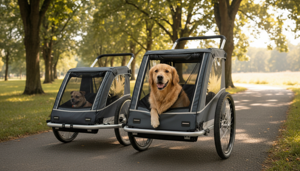 A sleek, modern bicycle trailer designed for dogs, showcasing varying sizes to represent different breeds. In the foreground, focus on two trailers: one compact for smaller dogs and another larger one for bigger breeds. Each trailer is detailed, featuring sturdy mesh windows and reflective safety strips. In the middle ground, depict a friendly dog peeking out from the larger trailer, excited and curious. The background features a scenic park trail, with soft sunlight filtering through the trees, creating a warm, inviting atmosphere. The angle emphasizes the trailers and dog, with a slight tilt to capture the depth of the park. The overall mood is cheerful and adventurous, perfect for pet owners considering a bicycle trailer. A sleek, modern bicycle trailer designed for dogs, showcasing varying sizes to represent different breeds. In the foreground, focus on two trailers: one compact for smaller dogs and another larger one for bigger breeds. Each trailer is detailed, featuring sturdy mesh windows and reflective safety strips. In the middle ground, depict a friendly dog peeking out from the larger trailer, excited and curious. The background features a scenic park trail, with soft sunlight filtering through the trees, creating a warm, inviting atmosphere. The angle emphasizes the trailers and dog, with a slight tilt to capture the depth of the park. The overall mood is cheerful and adventurous, perfect for pet owners considering a bicycle trailer.