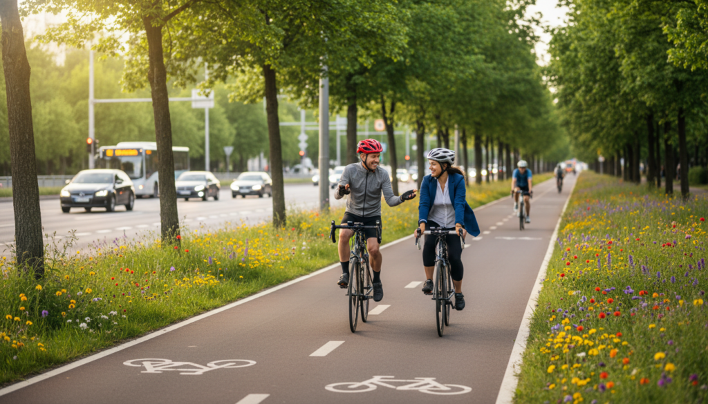 A sunny day on a bustling bike path, showcasing two cyclists riding side by side in the foreground. The cyclists, one wearing a bright red helmet and the other in a stylish blue jacket, exhibit smiles and camaraderie. The middle layer features a well-maintained bike lane flanked by green trees and vibrant wildflowers, creating a lively and inviting atmosphere. In the background, a busy urban street with cars at a safe distance conveys a sense of community and awareness of cycling rules. Soft sunlight filters through the leaves, casting dappled shadows on the path. The angle is slightly downward from the left, promoting a dynamic perspective, while evoking feelings of freedom and safety in cycling. A sunny day on a bustling bike path, showcasing two cyclists riding side by side in the foreground. The cyclists, one wearing a bright red helmet and the other in a stylish blue jacket, exhibit smiles and camaraderie. The middle layer features a well-maintained bike lane flanked by green trees and vibrant wildflowers, creating a lively and inviting atmosphere. In the background, a busy urban street with cars at a safe distance conveys a sense of community and awareness of cycling rules. Soft sunlight filters through the leaves, casting dappled shadows on the path. The angle is slightly downward from the left, promoting a dynamic perspective, while evoking feelings of freedom and safety in cycling.