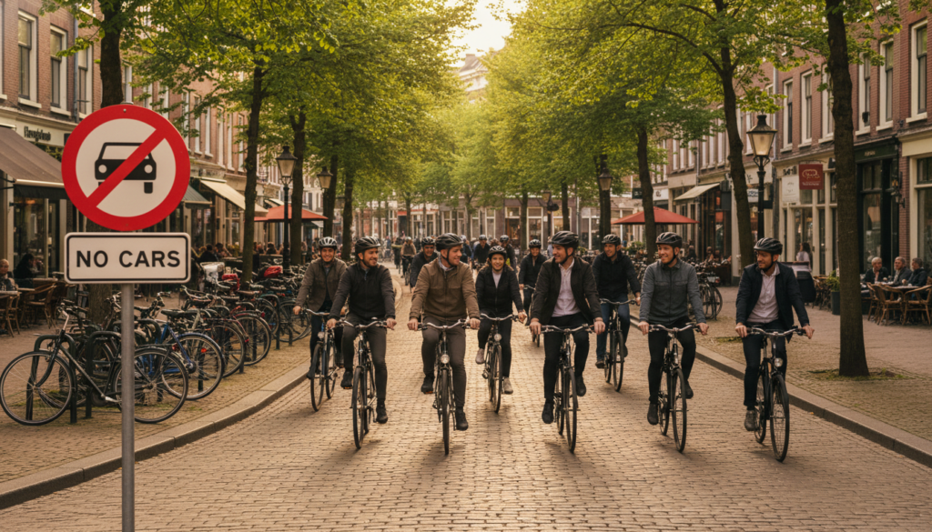 A vibrant and bustling bicycle street scene, showcasing a clear "No Cars" sign prominently placed at the forefront. In the foreground, cyclists in professional casual wear ride their bicycles, conveying a sense of community and harmony. The middle ground consists of a charming cobblestone street lined with green trees and parked bicycles, emphasizing the bike-friendly atmosphere. In the background, quaint shops and cafes create a lively urban environment, bathed in warm afternoon lighting, casting long shadows. Use a wide-angle lens for depth, capturing the flow and movement of cyclists. The overall mood is cheerful and active, highlighting the importance of bicycle streets in urban planning and lifestyle. A vibrant and bustling bicycle street scene, showcasing a clear "No Cars" sign prominently placed at the forefront. In the foreground, cyclists in professional casual wear ride their bicycles, conveying a sense of community and harmony. The middle ground consists of a charming cobblestone street lined with green trees and parked bicycles, emphasizing the bike-friendly atmosphere. In the background, quaint shops and cafes create a lively urban environment, bathed in warm afternoon lighting, casting long shadows. Use a wide-angle lens for depth, capturing the flow and movement of cyclists. The overall mood is cheerful and active, highlighting the importance of bicycle streets in urban planning and lifestyle.