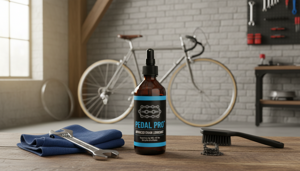 A vibrant and detailed illustration focusing on a bottle of high-quality bicycle chain oil prominently displayed in the foreground, its label featuring subtle branding that indicates it is a superior alternative to WD-40. Surround the bottle with essential bicycle maintenance tools like a clean cloth, a wrench, and a chain brush, all arranged neatly on a wooden workbench. In the middle ground, a well-maintained bicycle leans elegantly against a vintage garage wall, emphasizing the theme of proper bike care. The background should be slightly blurred but suggestive of a workshop setting with tools and bicycle parts subtly visible. Soft, natural lighting filters in from an open window, creating a calm and inviting atmosphere that encourages responsible bike maintenance. The composition should evoke professionalism and care for cycling equipment, showcasing the importance of using the right products. A vibrant and detailed illustration focusing on a bottle of high-quality bicycle chain oil prominently displayed in the foreground, its label featuring subtle branding that indicates it is a superior alternative to WD-40. Surround the bottle with essential bicycle maintenance tools like a clean cloth, a wrench, and a chain brush, all arranged neatly on a wooden workbench. In the middle ground, a well-maintained bicycle leans elegantly against a vintage garage wall, emphasizing the theme of proper bike care. The background should be slightly blurred but suggestive of a workshop setting with tools and bicycle parts subtly visible. Soft, natural lighting filters in from an open window, creating a calm and inviting atmosphere that encourages responsible bike maintenance. The composition should evoke professionalism and care for cycling equipment, showcasing the importance of using the right products.