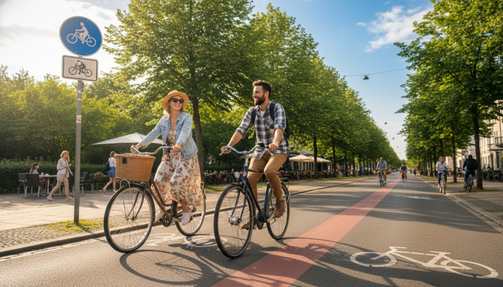 A vibrant bicycle street scene depicting two cyclists riding side by side along a designated Fahrradstraße. In the foreground, show two cyclists dressed in casual, comfortable clothing, happily pedaling on their bicycles. In the middle ground, include clear signage indicating a bicycle lane and a friendly, inviting atmosphere with trees lining the street. The background features a sunny day with a blue sky, dotted with fluffy white clouds. Soft morning light casts gentle shadows on the pavement, highlighting the cyclists' movement. Capture the essence of camaraderie and community in cycling culture, creating a sense of freedom and enjoyment in the air, while ensuring a safe and welcoming environment for all riders. A vibrant bicycle street scene depicting two cyclists riding side by side along a designated Fahrradstraße. In the foreground, show two cyclists dressed in casual, comfortable clothing, happily pedaling on their bicycles. In the middle ground, include clear signage indicating a bicycle lane and a friendly, inviting atmosphere with trees lining the street. The background features a sunny day with a blue sky, dotted with fluffy white clouds. Soft morning light casts gentle shadows on the pavement, highlighting the cyclists' movement. Capture the essence of camaraderie and community in cycling culture, creating a sense of freedom and enjoyment in the air, while ensuring a safe and welcoming environment for all riders.