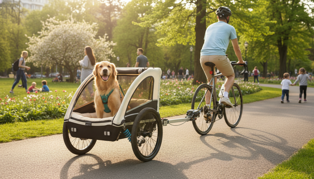 A vibrant scene depicting a high-quality, suspended bicycle trailer specifically designed for dogs. In the foreground, focus on the dog-friendly trailer showcasing its cushioned interior and sturdy suspension system, with a happy dog sitting comfortably inside, wearing a safety harness. The middle ground features a cyclist dressed in casual attire riding a sleek bicycle equipped with the trailer, emphasizing the connection between them. The background includes a sunny park landscape with trees and people enjoying outdoor activities, creating a cheerful and inviting atmosphere. Soft, warm lighting enhances the image, capturing the essence of a fun day out with pets. The angle should be slightly elevated to showcase both the cyclist and the trailer effectively without any text, ensuring a professional and informative feel. A vibrant scene depicting a high-quality, suspended bicycle trailer specifically designed for dogs. In the foreground, focus on the dog-friendly trailer showcasing its cushioned interior and sturdy suspension system, with a happy dog sitting comfortably inside, wearing a safety harness. The middle ground features a cyclist dressed in casual attire riding a sleek bicycle equipped with the trailer, emphasizing the connection between them. The background includes a sunny park landscape with trees and people enjoying outdoor activities, creating a cheerful and inviting atmosphere. Soft, warm lighting enhances the image, capturing the essence of a fun day out with pets. The angle should be slightly elevated to showcase both the cyclist and the trailer effectively without any text, ensuring a professional and informative feel.