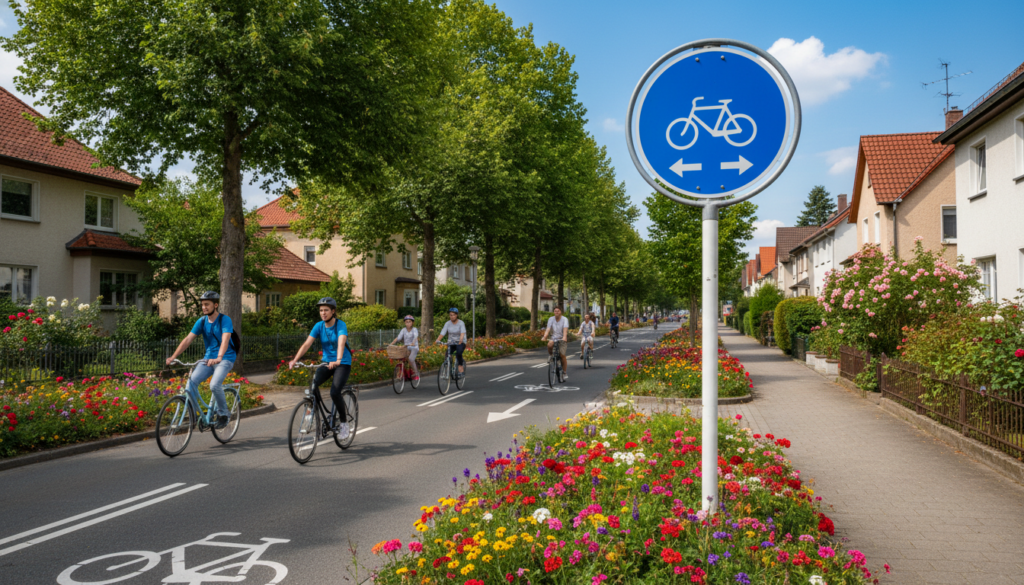 A vibrant street scene featuring the "Fahrradstraße" (bicycle street) traffic sign prominently displayed in the foreground. The sign, with its blue background and a white bicycle icon, is flanked by lush green trees and colorful flower beds, creating a lively atmosphere. In the middle ground, cyclists of various ages are riding along a designated bike lane, some wearing helmets and casual attire, conveying a sense of safety and community. The background shows a peaceful residential neighborhood with quaint houses and clear blue skies. The image is well-lit by soft, natural sunlight, creating a warm and inviting feel. Capture this scene from a slightly elevated angle to emphasize the sign's important position, showcasing the bicycle-friendly environment. A vibrant street scene featuring the "Fahrradstraße" (bicycle street) traffic sign prominently displayed in the foreground. The sign, with its blue background and a white bicycle icon, is flanked by lush green trees and colorful flower beds, creating a lively atmosphere. In the middle ground, cyclists of various ages are riding along a designated bike lane, some wearing helmets and casual attire, conveying a sense of safety and community. The background shows a peaceful residential neighborhood with quaint houses and clear blue skies. The image is well-lit by soft, natural sunlight, creating a warm and inviting feel. Capture this scene from a slightly elevated angle to emphasize the sign's important position, showcasing the bicycle-friendly environment.
