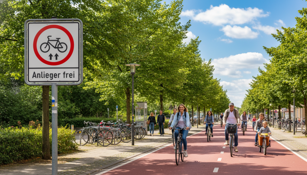 A vibrant street scene illustrating a "fahrradstraße zusatzzeichen" (bicycle street additional sign) prominently positioned in the foreground. The sign is clearly visible, showcasing its design and symbols, surrounded by lush green trees and a well-maintained bike lane. In the middle ground, several cyclists of diverse backgrounds, all dressed in casual yet appropriate clothing, are riding happily along the bicycle lane. The background features a sunny blue sky with fluffy clouds, bustling with a few pedestrians and parked bicycles to emphasize a harmonious environment. Soft sunlight filters through the trees, casting gentle shadows on the pavement. The overall mood is inviting and dynamic, portraying a safe and eco-friendly urban space dedicated to cyclists. A vibrant street scene illustrating a "fahrradstraße zusatzzeichen" (bicycle street additional sign) prominently positioned in the foreground. The sign is clearly visible, showcasing its design and symbols, surrounded by lush green trees and a well-maintained bike lane. In the middle ground, several cyclists of diverse backgrounds, all dressed in casual yet appropriate clothing, are riding happily along the bicycle lane. The background features a sunny blue sky with fluffy clouds, bustling with a few pedestrians and parked bicycles to emphasize a harmonious environment. Soft sunlight filters through the trees, casting gentle shadows on the pavement. The overall mood is inviting and dynamic, portraying a safe and eco-friendly urban space dedicated to cyclists.