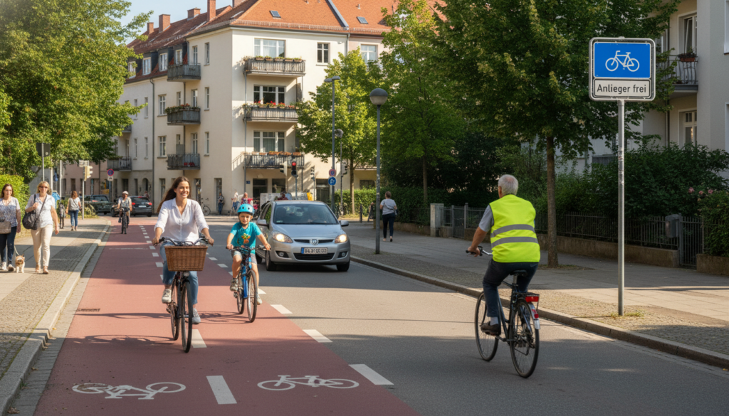 A vibrant urban scene showing a bicycle street marked with a clear "Anlieger frei" sign, indicating that access is allowed for residents and essential vehicles. In the foreground, depict a well-maintained bicycle lane with cyclists of varying ages riding confidently, some wearing helmets. In the middle ground, include a car cautiously navigating the bicycle street, symbolizing permissible access. The background should feature residential buildings and greenery, with pedestrians walking along the sidewalks. Use bright daylight lighting to create a welcoming atmosphere, with shadows cast by the buildings. Capture this scene from a slightly elevated angle to provide a comprehensive view of the interaction between cyclists and the car. Emphasize the harmonious coexistence of vehicles and cyclists on this designated street. A vibrant urban scene showing a bicycle street marked with a clear "Anlieger frei" sign, indicating that access is allowed for residents and essential vehicles. In the foreground, depict a well-maintained bicycle lane with cyclists of varying ages riding confidently, some wearing helmets. In the middle ground, include a car cautiously navigating the bicycle street, symbolizing permissible access. The background should feature residential buildings and greenery, with pedestrians walking along the sidewalks. Use bright daylight lighting to create a welcoming atmosphere, with shadows cast by the buildings. Capture this scene from a slightly elevated angle to provide a comprehensive view of the interaction between cyclists and the car. Emphasize the harmonious coexistence of vehicles and cyclists on this designated street.