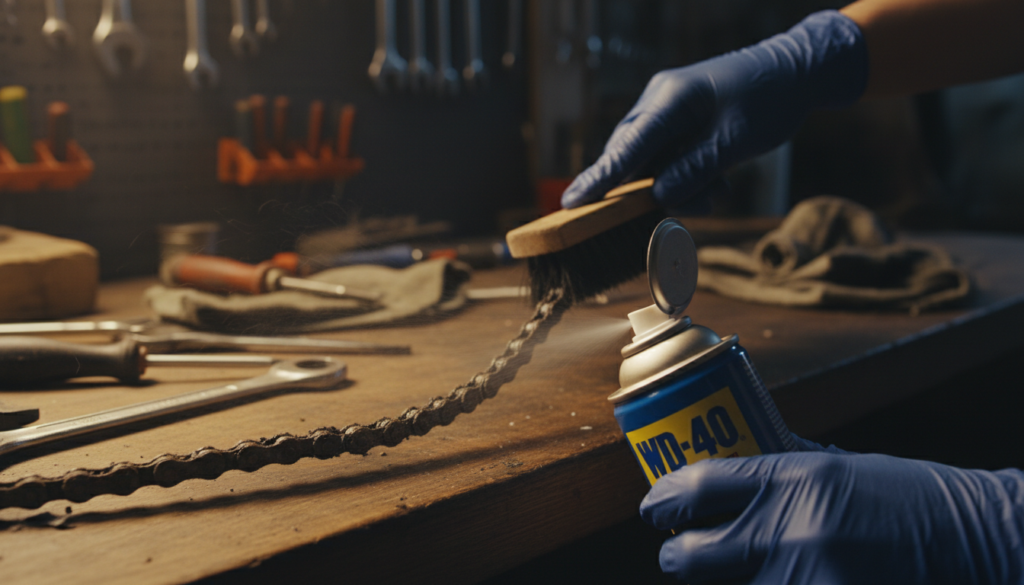 A visually striking composition featuring a close-up view of a bicycle chain, prominently highlighting its intricate links, which are tarnished and grimy. In the foreground, a can of WD-40 rests next to the chain, partially open with a fine mist of oil just starting to disperse. The middle ground includes hands wearing gloves attempting to clean the chain with a brush, emphasizing the act of maintenance. In the background, a dimly lit workshop filled with bicycle tools adds to the atmosphere, casting soft shadows. The lighting is warm, creating a sense of caution and concern regarding the use of WD-40 as a lubricant, reflecting an informative and thoughtful mood within the scene. The perspective is slightly above eye level, providing a clear view of the chain and the can, ensuring no text or logos are included. A visually striking composition featuring a close-up view of a bicycle chain, prominently highlighting its intricate links, which are tarnished and grimy. In the foreground, a can of WD-40 rests next to the chain, partially open with a fine mist of oil just starting to disperse. The middle ground includes hands wearing gloves attempting to clean the chain with a brush, emphasizing the act of maintenance. In the background, a dimly lit workshop filled with bicycle tools adds to the atmosphere, casting soft shadows. The lighting is warm, creating a sense of caution and concern regarding the use of WD-40 as a lubricant, reflecting an informative and thoughtful mood within the scene. The perspective is slightly above eye level, providing a clear view of the chain and the can, ensuring no text or logos are included.