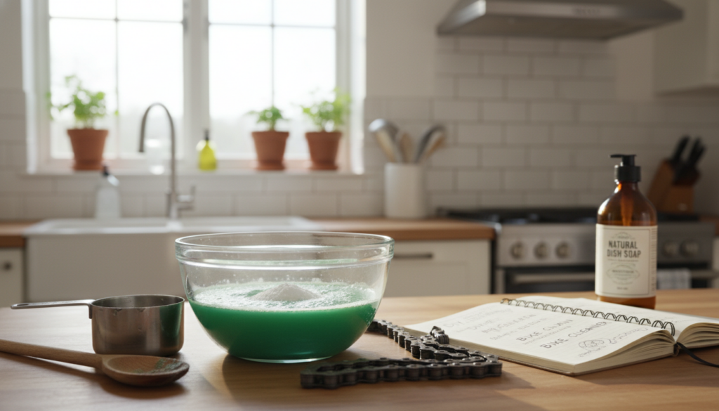 A well-organized kitchen countertop featuring materials and tools for making homemade bicycle chain cleaner. In the foreground, a glass bowl filled with a vibrant green DIY cleaner made from natural ingredients like vinegar, baking soda, and essential oils. Beside it, measuring cups and a mixing spoon, while a bottle of dish soap lies nearby. In the middle ground, an open recipe notebook with handwritten notes on chain cleaning techniques, and a bicycle chain in need of cleaning draped casually. The background should showcase a bright, well-lit kitchen with soft natural light streaming in from a window, creating a warm and inviting atmosphere. The overall mood is practical and informative, appealing to DIY enthusiasts. The scene captures the essence of hands-on cleaning and maintenance. A well-organized kitchen countertop featuring materials and tools for making homemade bicycle chain cleaner. In the foreground, a glass bowl filled with a vibrant green DIY cleaner made from natural ingredients like vinegar, baking soda, and essential oils. Beside it, measuring cups and a mixing spoon, while a bottle of dish soap lies nearby. In the middle ground, an open recipe notebook with handwritten notes on chain cleaning techniques, and a bicycle chain in need of cleaning draped casually. The background should showcase a bright, well-lit kitchen with soft natural light streaming in from a window, creating a warm and inviting atmosphere. The overall mood is practical and informative, appealing to DIY enthusiasts. The scene captures the essence of hands-on cleaning and maintenance.