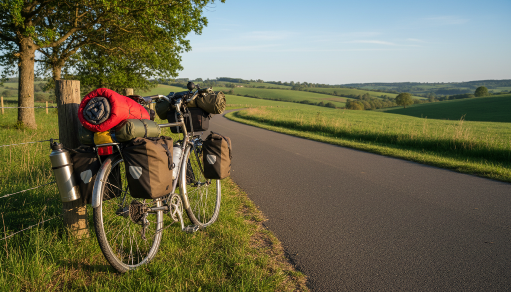 A beautifully organized bicycle packed for a biking vacation, positioned prominently in the foreground. The bike features a sturdy frame with panniers filled with essential gear, including a compact tent, a sleeping bag, a portable stove, and a water bottle. In the middle ground, a scenic cycling route winds through a picturesque countryside landscape, with rolling hills and a clear blue sky. The sunlight casts warm, golden tones, creating a sense of adventure and tranquility. A soft breeze stirs the leaves of nearby trees, enhancing the feeling of freedom associated with travel. The image captures the excitement of preparing for a cycling trip, inspiring viewers to embark on their own journeys. A beautifully organized bicycle packed for a biking vacation, positioned prominently in the foreground. The bike features a sturdy frame with panniers filled with essential gear, including a compact tent, a sleeping bag, a portable stove, and a water bottle. In the middle ground, a scenic cycling route winds through a picturesque countryside landscape, with rolling hills and a clear blue sky. The sunlight casts warm, golden tones, creating a sense of adventure and tranquility. A soft breeze stirs the leaves of nearby trees, enhancing the feeling of freedom associated with travel. The image captures the excitement of preparing for a cycling trip, inspiring viewers to embark on their own journeys.