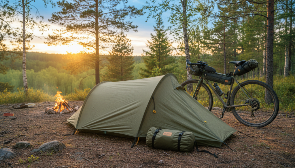 A bikepacking tent set up in a picturesque outdoor scene, emphasizing its compact pack size. The foreground features the tent, showcasing its lightweight and streamlined design, with a subtle texture of the fabric visible. In the middle ground, a rugged bike rests next to the tent, highlighted by a matching color scheme. The background reveals a serene nature setting, with lush green trees and a soft blue sky at sunset, casting warm golden light over the scene. The angle is slightly above the tent, emphasizing its features and the surrounding landscape. The mood is adventurous and inviting, capturing the essence of outdoor escapades and the unique difference of a bikepacking tent compared to traditional camping tents. A bikepacking tent set up in a picturesque outdoor scene, emphasizing its compact pack size. The foreground features the tent, showcasing its lightweight and streamlined design, with a subtle texture of the fabric visible. In the middle ground, a rugged bike rests next to the tent, highlighted by a matching color scheme. The background reveals a serene nature setting, with lush green trees and a soft blue sky at sunset, casting warm golden light over the scene. The angle is slightly above the tent, emphasizing its features and the surrounding landscape. The mood is adventurous and inviting, capturing the essence of outdoor escapades and the unique difference of a bikepacking tent compared to traditional camping tents.