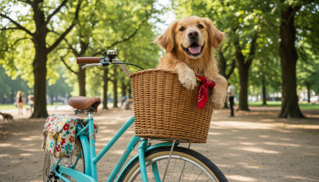 A charming scene featuring a bicycle with a front basket, showcasing a playful dog comfortably resting inside. The foreground captures the dog's expression, blending joy and curiosity, with its fur gently ruffled by a soft breeze. The middle layer displays the sturdy bicycle with a vibrant, colorful design, emphasizing the basket's intricate details woven from natural materials. The background features a serene park setting, with lush greenery and soft sunlight filtering through the trees, creating a warm and inviting atmosphere. The angle should be slightly low, providing a dynamic perspective that highlights both the bicycle and the happy dog within, evoking a sense of adventure and companionship. A charming scene featuring a bicycle with a front basket, showcasing a playful dog comfortably resting inside. The foreground captures the dog's expression, blending joy and curiosity, with its fur gently ruffled by a soft breeze. The middle layer displays the sturdy bicycle with a vibrant, colorful design, emphasizing the basket's intricate details woven from natural materials. The background features a serene park setting, with lush greenery and soft sunlight filtering through the trees, creating a warm and inviting atmosphere. The angle should be slightly low, providing a dynamic perspective that highlights both the bicycle and the happy dog within, evoking a sense of adventure and companionship.