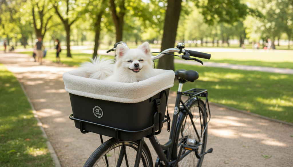 A charming scene featuring a sturdy dog basket designed for bicycles, capable of holding up to 10 kg. In the foreground, the basket is filled with a small, fluffy dog, looking content and secure, with a soft blanket inside for comfort. The middle ground shows a sleek bicycle with the basket mounted on the front, showcasing the practical and stylish design. The background reveals a sunny park setting with trees and walking paths, evoking a warm and inviting atmosphere. The lighting is bright and natural, suggesting a beautiful day for cycling. The angle captures the basket from a slight elevation to illustrate its placement on the bicycle, emphasizing its functionality for small dogs. A charming scene featuring a sturdy dog basket designed for bicycles, capable of holding up to 10 kg. In the foreground, the basket is filled with a small, fluffy dog, looking content and secure, with a soft blanket inside for comfort. The middle ground shows a sleek bicycle with the basket mounted on the front, showcasing the practical and stylish design. The background reveals a sunny park setting with trees and walking paths, evoking a warm and inviting atmosphere. The lighting is bright and natural, suggesting a beautiful day for cycling. The angle captures the basket from a slight elevation to illustrate its placement on the bicycle, emphasizing its functionality for small dogs.