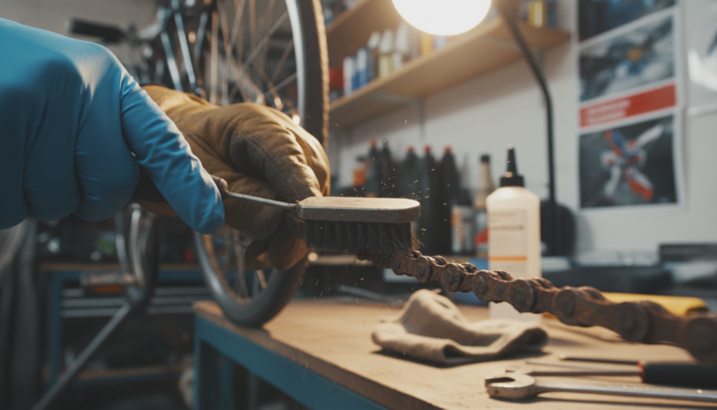 A close-up image of a rusty bicycle chain being meticulously cleaned, showing the intricate details of the metal links and the surface rust. In the foreground, a hand wearing a work glove holds a small wire brush, gently scrubbing off the rust, with some flakes visible on the surface. The middle ground features the bicycle in a well-lit garage setting, with tools and lubricant nearby, providing context of maintenance. The background is softly blurred, featuring shelves stocked with bike maintenance supplies, creating an organized workspace atmosphere. The lighting is warm and inviting, highlighting the textures of the rust and metal while casting subtle shadows. The overall mood is focused and industrious, reflecting a step-by-step cleaning process. A close-up image of a rusty bicycle chain being meticulously cleaned, showing the intricate details of the metal links and the surface rust. In the foreground, a hand wearing a work glove holds a small wire brush, gently scrubbing off the rust, with some flakes visible on the surface. The middle ground features the bicycle in a well-lit garage setting, with tools and lubricant nearby, providing context of maintenance. The background is softly blurred, featuring shelves stocked with bike maintenance supplies, creating an organized workspace atmosphere. The lighting is warm and inviting, highlighting the textures of the rust and metal while casting subtle shadows. The overall mood is focused and industrious, reflecting a step-by-step cleaning process.