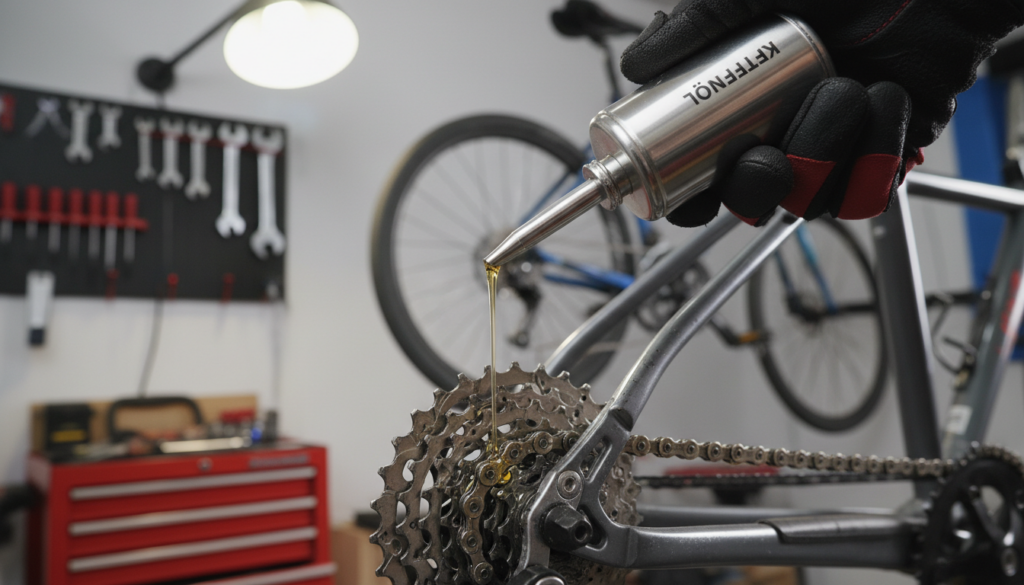 A close-up of a bicycle chain being lubricated with a high-quality kettenöl, emphasizing the shine and smoothness of the oil as it coats the links. In the foreground, a person's hand in a professional mechanic's glove applies the oil from a sleek oil bottle, showcasing a focus on precision and care. The middle ground features the bicycle's chain and gears, highlighted under soft, diffused lighting to enhance the reflective surface of the oil. In the background, a tool kit and a partially disassembled bicycle hint at a workshop setting. The overall atmosphere is one of professionalism and diligence, suggesting the importance of maintaining a bike’s performance in different weather conditions. A close-up of a bicycle chain being lubricated with a high-quality kettenöl, emphasizing the shine and smoothness of the oil as it coats the links. In the foreground, a person's hand in a professional mechanic's glove applies the oil from a sleek oil bottle, showcasing a focus on precision and care. The middle ground features the bicycle's chain and gears, highlighted under soft, diffused lighting to enhance the reflective surface of the oil. In the background, a tool kit and a partially disassembled bicycle hint at a workshop setting. The overall atmosphere is one of professionalism and diligence, suggesting the importance of maintaining a bike’s performance in different weather conditions.