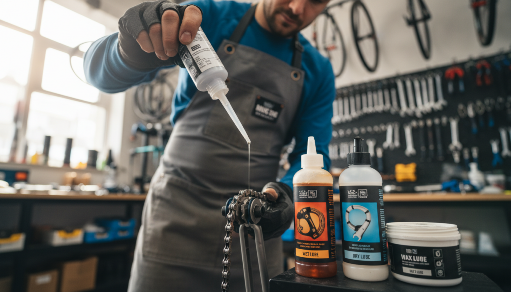 A close-up scene of a bicycle chain being lubricated with various types of chain oil, illustrating the differences in oil formulas. In the foreground, a bicycle mechanic, dressed in professional casual attire, focuses intently on applying a wet lubricant to a shiny chain. The mid-background features containers of different chain oils, labeled for wet, dry, and wax types, each with distinct colors and textures. The background shows a well-organized workshop, adorned with bicycle parts and tools, under bright, natural lighting that casts soft shadows. The atmosphere is technical and informative, emphasizing the expertise involved in maintaining bicycle chains. The lens should be a macro-style, capturing intricate details of the lubrication process and the oil types. A close-up scene of a bicycle chain being lubricated with various types of chain oil, illustrating the differences in oil formulas. In the foreground, a bicycle mechanic, dressed in professional casual attire, focuses intently on applying a wet lubricant to a shiny chain. The mid-background features containers of different chain oils, labeled for wet, dry, and wax types, each with distinct colors and textures. The background shows a well-organized workshop, adorned with bicycle parts and tools, under bright, natural lighting that casts soft shadows. The atmosphere is technical and informative, emphasizing the expertise involved in maintaining bicycle chains. The lens should be a macro-style, capturing intricate details of the lubrication process and the oil types.