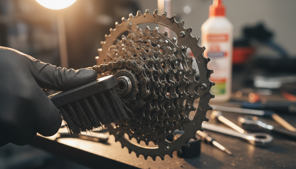 A close-up shot of a bicycle chain and cassette being meticulously cleaned, highlighting the intricacies of both components. In the foreground, a gloved hand holds a cleaning brush, focused on scrubbing the chain with fine details of dirt and grime. In the middle ground, the shiny bike cassette with its gears glimmers under bright workshop lighting, showcasing the contrast between clean and dirty areas. The background features tools typically found in a bike repair shop, slightly blurred to draw attention to the cleaning process. The atmosphere is professional and purposeful, illuminated by warm, focused light, creating a sense of diligence and care in bicycle maintenance. Use a shallow depth of field to emphasize the chain and cassette as the main subjects. A close-up shot of a bicycle chain and cassette being meticulously cleaned, highlighting the intricacies of both components. In the foreground, a gloved hand holds a cleaning brush, focused on scrubbing the chain with fine details of dirt and grime. In the middle ground, the shiny bike cassette with its gears glimmers under bright workshop lighting, showcasing the contrast between clean and dirty areas. The background features tools typically found in a bike repair shop, slightly blurred to draw attention to the cleaning process. The atmosphere is professional and purposeful, illuminated by warm, focused light, creating a sense of diligence and care in bicycle maintenance. Use a shallow depth of field to emphasize the chain and cassette as the main subjects.