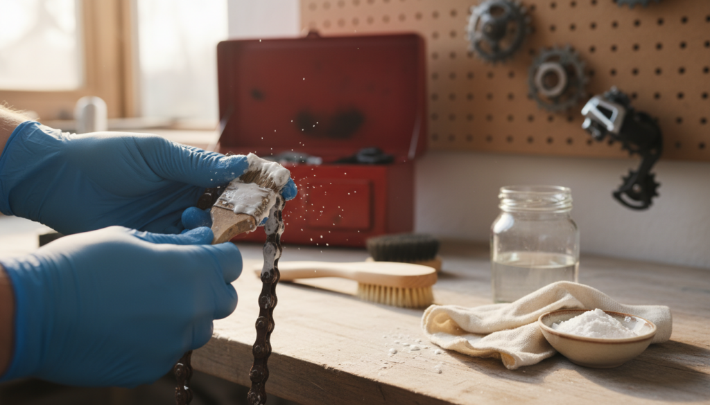 A close-up shot of a rusty bicycle chain being cleaned with natural household remedies. In the foreground, a pair of hands with protective gloves holds an old, rusty chain. The hands are applying a homemade cleaning solution made from vinegar and baking soda, with small bubbles forming on the surface. In the middle ground, a clean, wooden workbench displays various items like a soft brush, cloth, and small containers of the cleaning mixtures. In the background, a softly blurred toolbox and bicycle parts create a workshop atmosphere. The lighting is bright and warm, highlighting the textures of the rust and tools, evoking a sense of diligence and care. Focused, inviting mood. A close-up shot of a rusty bicycle chain being cleaned with natural household remedies. In the foreground, a pair of hands with protective gloves holds an old, rusty chain. The hands are applying a homemade cleaning solution made from vinegar and baking soda, with small bubbles forming on the surface. In the middle ground, a clean, wooden workbench displays various items like a soft brush, cloth, and small containers of the cleaning mixtures. In the background, a softly blurred toolbox and bicycle parts create a workshop atmosphere. The lighting is bright and warm, highlighting the textures of the rust and tools, evoking a sense of diligence and care. Focused, inviting mood.