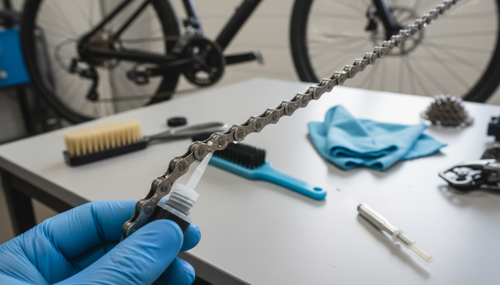 A close-up view of a bicycle chain being properly lubricated, showcasing a well-maintained chain glistening with oil droplets. In the foreground, a gloved hand holds a precision oil applicator, delicately applying lubricant to the chain links. The middle layer features a clean, organized workspace with bike maintenance tools such as a brush and cloth neatly arranged, emphasizing an orderly approach to maintenance. The background shows a softly blurred bike frame and a few scattered bike components, contributing to the atmosphere of a focused, practical workshop. The lighting is bright and natural, highlighting the shiny chain and the careful application of oil, creating an efficient and professional atmosphere. The angle is slightly tilted to provide depth and showcase the details effectively. A close-up view of a bicycle chain being properly lubricated, showcasing a well-maintained chain glistening with oil droplets. In the foreground, a gloved hand holds a precision oil applicator, delicately applying lubricant to the chain links. The middle layer features a clean, organized workspace with bike maintenance tools such as a brush and cloth neatly arranged, emphasizing an orderly approach to maintenance. The background shows a softly blurred bike frame and a few scattered bike components, contributing to the atmosphere of a focused, practical workshop. The lighting is bright and natural, highlighting the shiny chain and the careful application of oil, creating an efficient and professional atmosphere. The angle is slightly tilted to provide depth and showcase the details effectively.