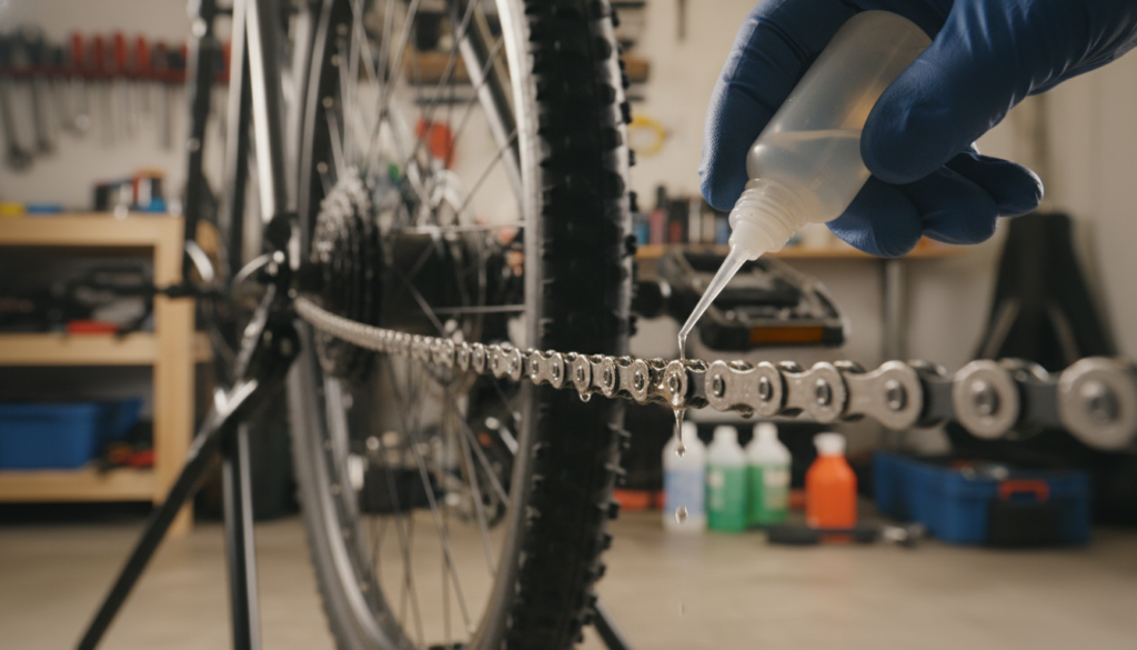 A close-up view of a bicycle chain on an e-bike being meticulously oiled. In the foreground, focus on the shiny metal links of the chain glistening with freshly applied lubricant, highlighting the smoothness and efficiency. In the middle ground, a hand wearing a mechanic's glove gently applies the oil with a precision nozzle, showcasing the importance of proper maintenance. The background features a blurred out e-bike resting in a cozy garage setting, with tools and maintenance supplies softly illuminated by warm, ambient lighting. The image captures a sense of care and professionalism, emphasizing the significance of e-bike chain maintenance. The perspective should be slightly angled, giving depth to the scene, and the overall mood should convey a sense of meticulous attention to detail in e-bike upkeep. A close-up view of a bicycle chain on an e-bike being meticulously oiled. In the foreground, focus on the shiny metal links of the chain glistening with freshly applied lubricant, highlighting the smoothness and efficiency. In the middle ground, a hand wearing a mechanic's glove gently applies the oil with a precision nozzle, showcasing the importance of proper maintenance. The background features a blurred out e-bike resting in a cozy garage setting, with tools and maintenance supplies softly illuminated by warm, ambient lighting. The image captures a sense of care and professionalism, emphasizing the significance of e-bike chain maintenance. The perspective should be slightly angled, giving depth to the scene, and the overall mood should convey a sense of meticulous attention to detail in e-bike upkeep.