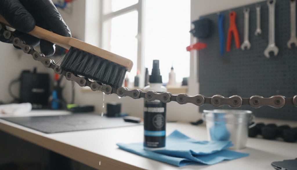 A close-up view of a new bicycle chain being degreased, featuring a hand applying a degreaser with a soft brush for precision cleaning. The foreground focuses on the intricate details of the chain links, showcasing their metallic sheen and clarity. In the middle ground, a clean, well-organized workspace is visible, with tools like a cloth and degreaser bottle neatly arranged. The background consists of bike repair tools and a soft, blurred effect of a workshop, emphasizing a sense of professionalism. The lighting is bright and natural, highlighting the textures of metal and the action of cleaning. The atmosphere is focused and meticulous, capturing the importance of preparing a new bike chain for optimal performance. A close-up view of a new bicycle chain being degreased, featuring a hand applying a degreaser with a soft brush for precision cleaning. The foreground focuses on the intricate details of the chain links, showcasing their metallic sheen and clarity. In the middle ground, a clean, well-organized workspace is visible, with tools like a cloth and degreaser bottle neatly arranged. The background consists of bike repair tools and a soft, blurred effect of a workshop, emphasizing a sense of professionalism. The lighting is bright and natural, highlighting the textures of metal and the action of cleaning. The atmosphere is focused and meticulous, capturing the importance of preparing a new bike chain for optimal performance.