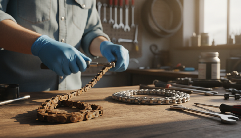 A close-up view of a rusted bicycle chain lying on a workbench, with tools and a replacement chain nearby. The foreground features the intricate details of the rusted links, showing textures of oxidation and wear. In the middle ground, a pair of gloved hands, wearing modest casual clothing, are preparing to switch the rusted chain with a new, shiny one. The background is softly blurred to emphasize the action, showcasing a cluttered workshop environment filled with bike repair tools and parts. The lighting is warm and inviting, simulating a late afternoon glow, casting gentle shadows that add depth and richness to the scene. The overall mood is practical and focused, capturing the essence of bicycle maintenance. A close-up view of a rusted bicycle chain lying on a workbench, with tools and a replacement chain nearby. The foreground features the intricate details of the rusted links, showing textures of oxidation and wear. In the middle ground, a pair of gloved hands, wearing modest casual clothing, are preparing to switch the rusted chain with a new, shiny one. The background is softly blurred to emphasize the action, showcasing a cluttered workshop environment filled with bike repair tools and parts. The lighting is warm and inviting, simulating a late afternoon glow, casting gentle shadows that add depth and richness to the scene. The overall mood is practical and focused, capturing the essence of bicycle maintenance.