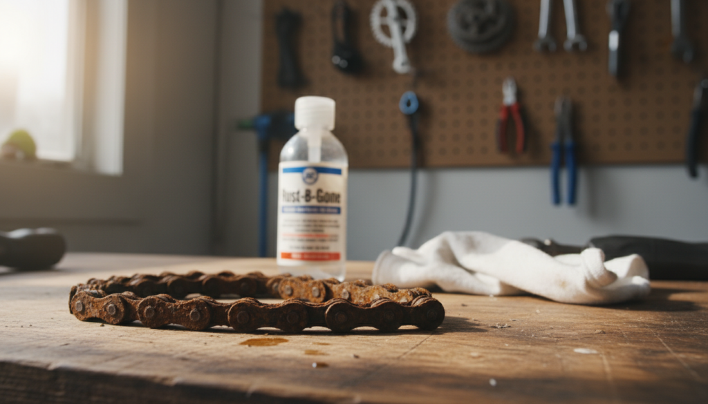 A close-up view of a rusty bike chain, set against a wooden workbench scattered with tools and cleaning supplies. In the foreground, the chain, heavily corroded with orange-brown rust spots, catches the light, emphasizing the texture of the rust. In the middle, a bottle of rust remover and a clean rag are visible, hinting at the process of cleaning. The background includes soft-focused bike parts and tools on the wall, creating an atmosphere of a workshop. Bright, diffuse lighting illuminates the scene, suggesting a hopeful mood as if revealing the potential for restoration. The angle captures the chain's intricate links, evoking a sense of urgency and importance in maintaining bicycle health. A close-up view of a rusty bike chain, set against a wooden workbench scattered with tools and cleaning supplies. In the foreground, the chain, heavily corroded with orange-brown rust spots, catches the light, emphasizing the texture of the rust. In the middle, a bottle of rust remover and a clean rag are visible, hinting at the process of cleaning. The background includes soft-focused bike parts and tools on the wall, creating an atmosphere of a workshop. Bright, diffuse lighting illuminates the scene, suggesting a hopeful mood as if revealing the potential for restoration. The angle captures the chain's intricate links, evoking a sense of urgency and importance in maintaining bicycle health.