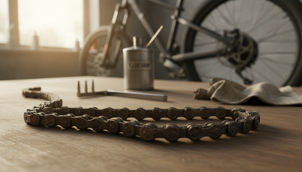 A close-up view of a worn e-bike chain on a workbench, showcasing the distinctive characteristics of wear and tear. The chain should be displayed prominently in the foreground, with its links showing signs of erosion and rust. In the middle ground, tools such as a chain checker tool and oil canister are neatly arranged, hinting at maintenance practices. The background features a blurred e-bike in a workshop setting, with soft natural light filtering through a window, creating a warm and inviting atmosphere. The image should convey a sense of diligence in bike maintenance, capturing the importance of recognizing when the chain needs replacement. Aim for sharp focus on the chain and tools, with a shallow depth of field to enhance the details. A close-up view of a worn e-bike chain on a workbench, showcasing the distinctive characteristics of wear and tear. The chain should be displayed prominently in the foreground, with its links showing signs of erosion and rust. In the middle ground, tools such as a chain checker tool and oil canister are neatly arranged, hinting at maintenance practices. The background features a blurred e-bike in a workshop setting, with soft natural light filtering through a window, creating a warm and inviting atmosphere. The image should convey a sense of diligence in bike maintenance, capturing the importance of recognizing when the chain needs replacement. Aim for sharp focus on the chain and tools, with a shallow depth of field to enhance the details.
