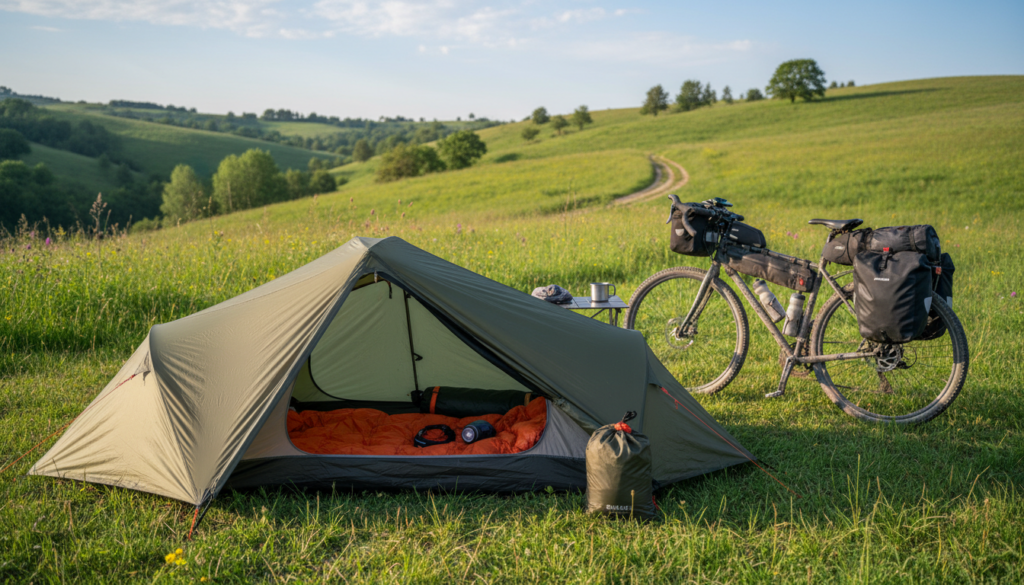 A compact bikepacking tent set up in a vibrant, natural landscape, showcasing its lightweight design and small packed size. In the foreground, the tent is partially unzipped, revealing its interior neatly arranged with a sleeping bag and minimal camping gear, emphasizing a successful lightweight setup. In the middle ground, a well-worn bike with panniers is parked nearby, hinting at adventure and exploration. The background features lush green hills under a bright blue sky, with soft, diffused sunlight illuminating the scene. Capture a sense of tranquility and readiness for a journey in the great outdoors, focusing on the tent's practicality and the essence of bikepacking as a lifestyle. A compact bikepacking tent set up in a vibrant, natural landscape, showcasing its lightweight design and small packed size. In the foreground, the tent is partially unzipped, revealing its interior neatly arranged with a sleeping bag and minimal camping gear, emphasizing a successful lightweight setup. In the middle ground, a well-worn bike with panniers is parked nearby, hinting at adventure and exploration. The background features lush green hills under a bright blue sky, with soft, diffused sunlight illuminating the scene. Capture a sense of tranquility and readiness for a journey in the great outdoors, focusing on the tent's practicality and the essence of bikepacking as a lifestyle.