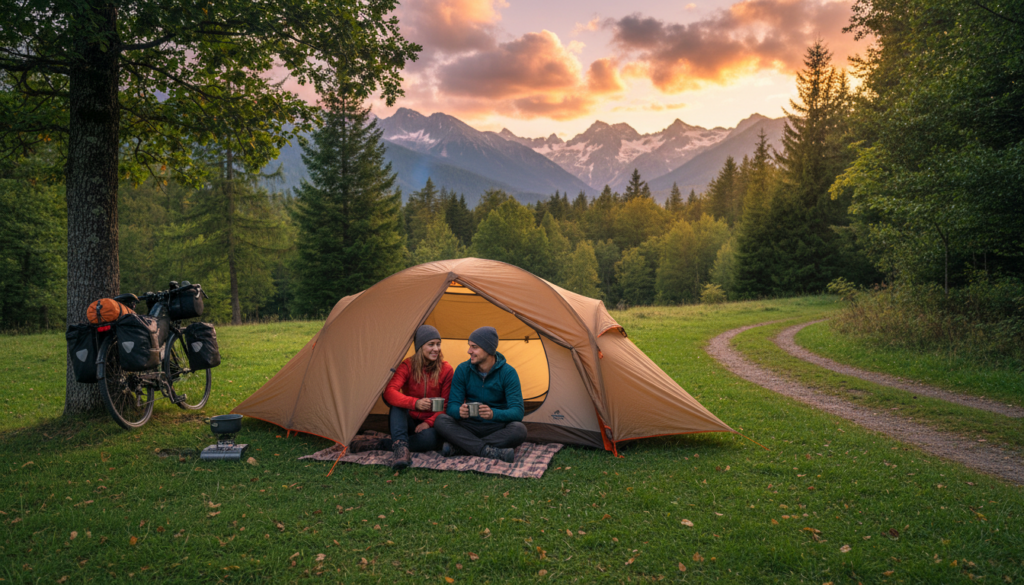 A cozy two-person bikepacking tent set up in a picturesque outdoor setting, surrounded by lush green forests and distant mountains. In the foreground, the tent is pitched on a soft grassy patch during sunset, casting warm golden hues. A couple, dressed in casual outdoor attire, sits outside the tent, enjoying a quiet moment together, with a bicycle leaning nearby. The middle ground features a winding trail leading deeper into the forest, inviting adventure. The background shows a panoramic view of rolling hills under a vibrant sky, with fluffy clouds reflecting the colors of dusk. The mood is peaceful and romantic, emphasizing the joys of shared bikepacking experiences. Soft, natural lighting enhances the inviting atmosphere. A cozy two-person bikepacking tent set up in a picturesque outdoor setting, surrounded by lush green forests and distant mountains. In the foreground, the tent is pitched on a soft grassy patch during sunset, casting warm golden hues. A couple, dressed in casual outdoor attire, sits outside the tent, enjoying a quiet moment together, with a bicycle leaning nearby. The middle ground features a winding trail leading deeper into the forest, inviting adventure. The background shows a panoramic view of rolling hills under a vibrant sky, with fluffy clouds reflecting the colors of dusk. The mood is peaceful and romantic, emphasizing the joys of shared bikepacking experiences. Soft, natural lighting enhances the inviting atmosphere.