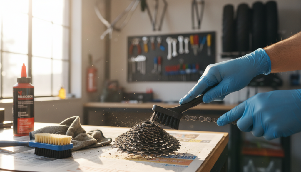 A detailed close-up of a bicycle chain and sprocket being cleaned. In the foreground, showcase a gloved hand holding a brush, intricately scrubbing the chain links, with grease and dirt visibly coming off. In the middle ground, emphasize the shiny, well-maintained sprocket, highlighting its teeth and mechanisms, while tools like a cleaning rag and lubricant are neatly arranged beside it. The background should feature a soft-focus bike workshop, filled with tools and bike parts, with natural light streaming through a window, creating a warm and inviting atmosphere. Aim for a clean and tidy workspace that conveys a sense of thoroughness and care in bike maintenance. The mood should be practical yet approachable, reflecting the importance of bicycle upkeep. A detailed close-up of a bicycle chain and sprocket being cleaned. In the foreground, showcase a gloved hand holding a brush, intricately scrubbing the chain links, with grease and dirt visibly coming off. In the middle ground, emphasize the shiny, well-maintained sprocket, highlighting its teeth and mechanisms, while tools like a cleaning rag and lubricant are neatly arranged beside it. The background should feature a soft-focus bike workshop, filled with tools and bike parts, with natural light streaming through a window, creating a warm and inviting atmosphere. Aim for a clean and tidy workspace that conveys a sense of thoroughness and care in bike maintenance. The mood should be practical yet approachable, reflecting the importance of bicycle upkeep.