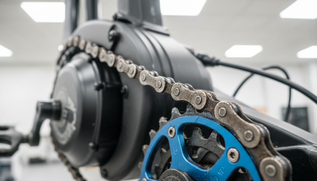 A detailed close-up of an e-bike chain showing notable wear and tear, focusing on the links and sprocket engagement. The chain should be visibly stretched and dirty, reflecting signs of neglect and the stresses of a mid-motor system. In the background, softly blurred e-bike components showcase the mid-motor, with a bright workshop environment illuminated by soft white light. The image should have a sharp focus on the chain’s wear, revealing textured details and shadows cast by the components. The atmosphere should convey a sense of urgency in maintenance, evoking the importance of regular care for e-bike chains. Overall, the composition should be clean and professional, designed to visually educate the viewer on e-bike chain wear issues. A detailed close-up of an e-bike chain showing notable wear and tear, focusing on the links and sprocket engagement. The chain should be visibly stretched and dirty, reflecting signs of neglect and the stresses of a mid-motor system. In the background, softly blurred e-bike components showcase the mid-motor, with a bright workshop environment illuminated by soft white light. The image should have a sharp focus on the chain’s wear, revealing textured details and shadows cast by the components. The atmosphere should convey a sense of urgency in maintenance, evoking the importance of regular care for e-bike chains. Overall, the composition should be clean and professional, designed to visually educate the viewer on e-bike chain wear issues.