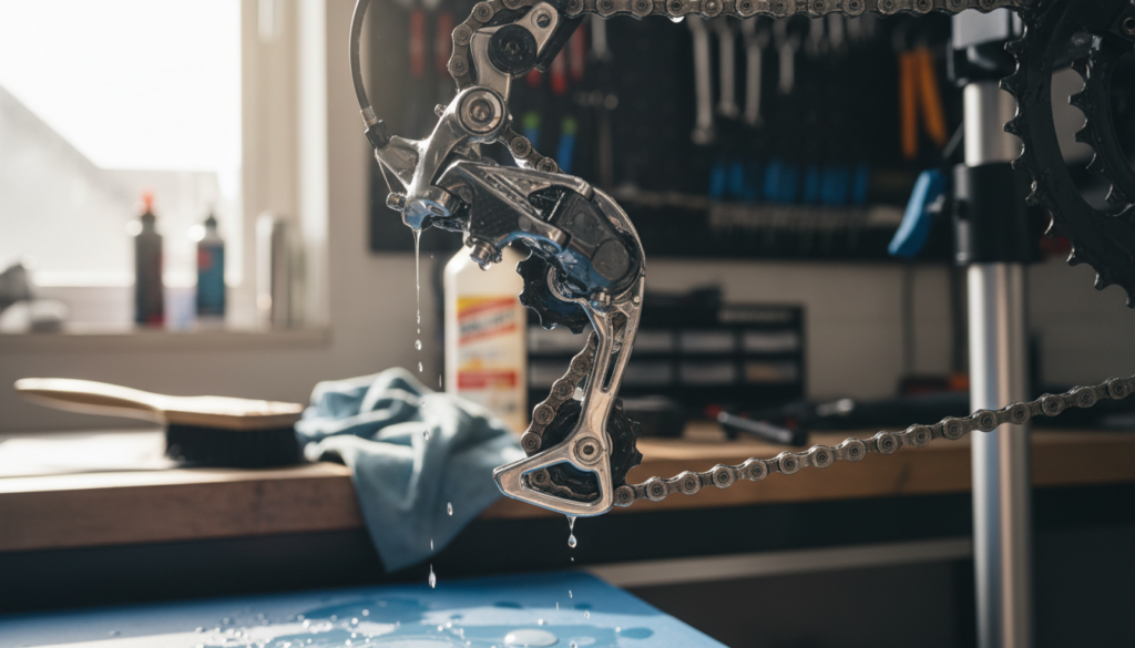 A detailed close-up view of a bicycle's rear derailleur and front derailleur, showcasing the intricate mechanics involved in shifting gears. The image should capture the components in a clean and well-lit workspace, with a soft focus on the background emphasizing tools like a brush and cleaning cloth. The foreground should feature drops of cleaning fluid around the derailleur to illustrate the cleaning process. The setting is bright and inviting, with natural light casting soft shadows to highlight the metallic surfaces and gears, creating a professional and technical atmosphere that emphasizes thorough maintenance. The overall tone conveys diligence and care for bicycle upkeep, with attention to detail that showcases proper cleaning techniques. A detailed close-up view of a bicycle's rear derailleur and front derailleur, showcasing the intricate mechanics involved in shifting gears. The image should capture the components in a clean and well-lit workspace, with a soft focus on the background emphasizing tools like a brush and cleaning cloth. The foreground should feature drops of cleaning fluid around the derailleur to illustrate the cleaning process. The setting is bright and inviting, with natural light casting soft shadows to highlight the metallic surfaces and gears, creating a professional and technical atmosphere that emphasizes thorough maintenance. The overall tone conveys diligence and care for bicycle upkeep, with attention to detail that showcases proper cleaning techniques.