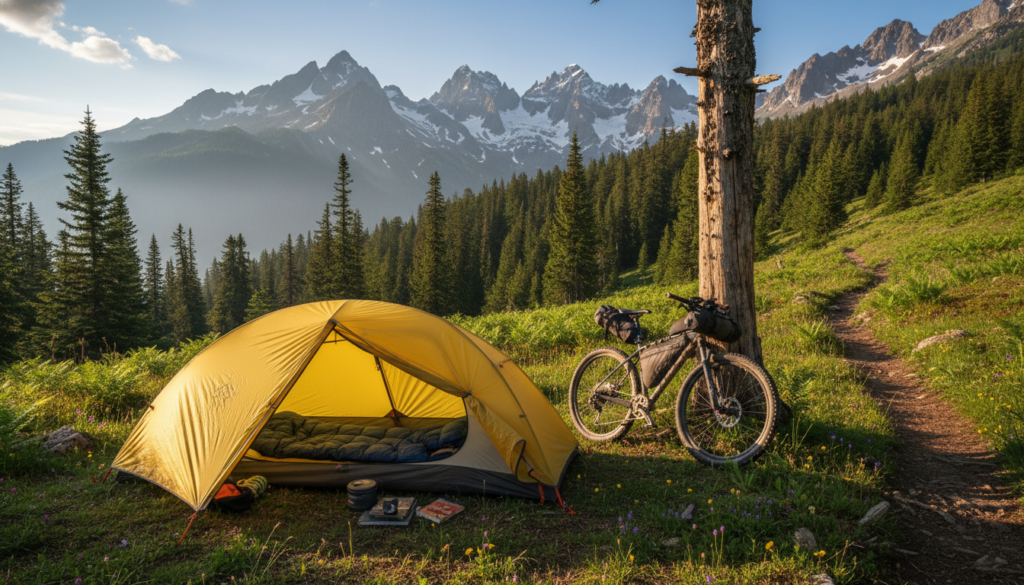 A detailed, serene scene of a tunnel tent set up in a picturesque natural landscape, ideal for bikepacking. In the foreground, a bright yellow tunnel tent stands, its fly partially open to reveal a cozy interior with camping gear. The middle ground features a rugged mountain trail leading into lush greenery, with a mountain bike parked nearby. In the background, majestic mountains rise under a clear blue sky. Soft, warm lighting illuminates the tent, creating a welcoming atmosphere, while gentle shadows enhance the depth of the landscape. The scene captures the essence of adventure and tranquility, appealing to outdoor enthusiasts. A detailed, serene scene of a tunnel tent set up in a picturesque natural landscape, ideal for bikepacking. In the foreground, a bright yellow tunnel tent stands, its fly partially open to reveal a cozy interior with camping gear. The middle ground features a rugged mountain trail leading into lush greenery, with a mountain bike parked nearby. In the background, majestic mountains rise under a clear blue sky. Soft, warm lighting illuminates the tent, creating a welcoming atmosphere, while gentle shadows enhance the depth of the landscape. The scene captures the essence of adventure and tranquility, appealing to outdoor enthusiasts.