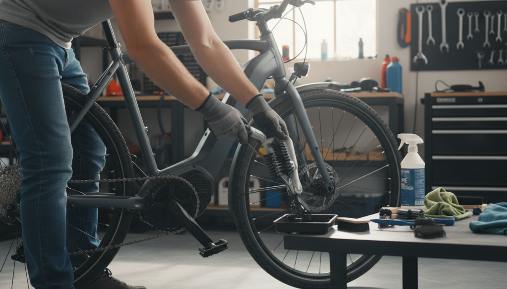A practical scene depicting the process of cleaning an e-bike chain. In the foreground, a person in modest, casual clothing is meticulously using a chain cleaning tool, focused on the rust-free, shiny bike chain. The middle layer shows the e-bike with a sleek design, showcasing its battery and gears. Nearby, there are cleaning supplies like degreaser, brushes, and cloths arranged neatly. The background features a well-lit garage or workshop environment with tools and equipment subtly visible, enhancing the setting. Natural soft lighting illuminates the scene, creating a clean and organized atmosphere. The composition emphasizes the importance of e-bike maintenance in a detailed and professional manner, inviting the viewer to appreciate the care and attention required. A practical scene depicting the process of cleaning an e-bike chain. In the foreground, a person in modest, casual clothing is meticulously using a chain cleaning tool, focused on the rust-free, shiny bike chain. The middle layer shows the e-bike with a sleek design, showcasing its battery and gears. Nearby, there are cleaning supplies like degreaser, brushes, and cloths arranged neatly. The background features a well-lit garage or workshop environment with tools and equipment subtly visible, enhancing the setting. Natural soft lighting illuminates the scene, creating a clean and organized atmosphere. The composition emphasizes the importance of e-bike maintenance in a detailed and professional manner, inviting the viewer to appreciate the care and attention required.