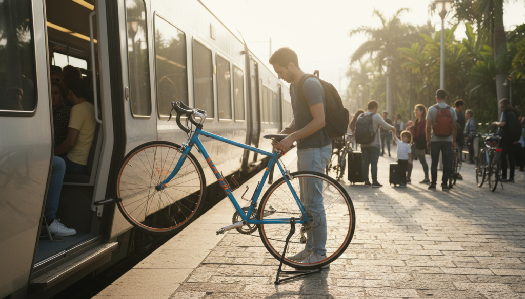 A scene depicting a bicycle being loaded onto a train at a bustling railway station. In the foreground, a well-maintained bicycle with a vibrant color scheme rests on its stand, while a person in modest casual clothing expertly secures it to a bike rack on the train. The middle ground features an elegant train with large windows, showcasing a sense of motion. The background reveals a busy platform with travelers waiting, surrounded by lush greenery outside, showcasing a sunny day. The lighting is bright and warm, emphasizing the excitement of travel. The image captures an atmosphere of adventure and anticipation, ideal for a cycling trip. A scene depicting a bicycle being loaded onto a train at a bustling railway station. In the foreground, a well-maintained bicycle with a vibrant color scheme rests on its stand, while a person in modest casual clothing expertly secures it to a bike rack on the train. The middle ground features an elegant train with large windows, showcasing a sense of motion. The background reveals a busy platform with travelers waiting, surrounded by lush greenery outside, showcasing a sunny day. The lighting is bright and warm, emphasizing the excitement of travel. The image captures an atmosphere of adventure and anticipation, ideal for a cycling trip.