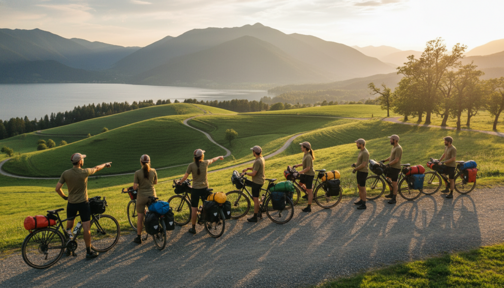 A scenic depiction of a cycling vacation, showcasing various types of bike tours. In the foreground, a diverse group of cyclists in modest casual clothing pause to admire a beautiful landscape, featuring vibrant green hills and winding trails. In the middle ground, pack bicycles with colorful bags are lined up along a picturesque path, emphasizing adventure and exploration. The background reveals a serene lake reflecting the sky, surrounded by lush foliage and mountains in soft focus. The scene is bathed in warm, natural sunlight, creating a welcoming atmosphere. Capture the moment from a slightly elevated angle to encompass the landscape, evoking a sense of freedom and the joy of cycling adventures. A scenic depiction of a cycling vacation, showcasing various types of bike tours. In the foreground, a diverse group of cyclists in modest casual clothing pause to admire a beautiful landscape, featuring vibrant green hills and winding trails. In the middle ground, pack bicycles with colorful bags are lined up along a picturesque path, emphasizing adventure and exploration. The background reveals a serene lake reflecting the sky, surrounded by lush foliage and mountains in soft focus. The scene is bathed in warm, natural sunlight, creating a welcoming atmosphere. Capture the moment from a slightly elevated angle to encompass the landscape, evoking a sense of freedom and the joy of cycling adventures.