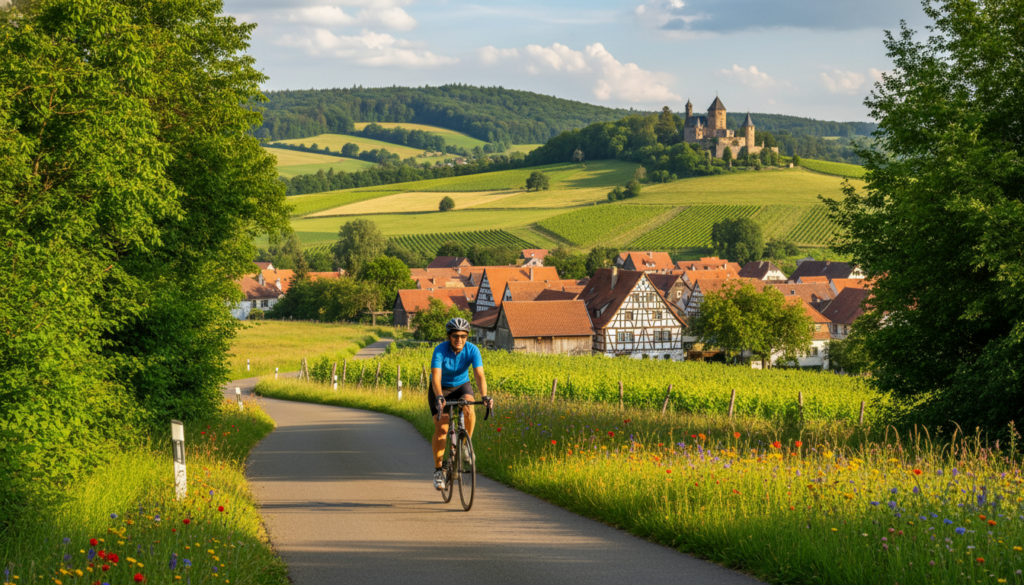 A scenic, picturesque cycling route through one of Germany's popular cycling regions. In the foreground, a well-paved bike path lined with vibrant green trees and wildflowers, with a cyclist in professional casual clothing enjoying the ride, smiling and focused. In the middle ground, rolling hills dotted with traditional German farms, charming half-timbered houses, and distant vineyards create a serene landscape. The background showcases a bright blue sky with fluffy white clouds, and perhaps a distant castle perched on a hilltop, signifying the rich cultural history of the area. The lighting is warm and inviting, evoking a feeling of adventure and freedom, perfect for a cycling holiday. The angle is slightly elevated, capturing both the cyclist and the beautiful surroundings harmoniously. A scenic, picturesque cycling route through one of Germany's popular cycling regions. In the foreground, a well-paved bike path lined with vibrant green trees and wildflowers, with a cyclist in professional casual clothing enjoying the ride, smiling and focused. In the middle ground, rolling hills dotted with traditional German farms, charming half-timbered houses, and distant vineyards create a serene landscape. The background showcases a bright blue sky with fluffy white clouds, and perhaps a distant castle perched on a hilltop, signifying the rich cultural history of the area. The lighting is warm and inviting, evoking a feeling of adventure and freedom, perfect for a cycling holiday. The angle is slightly elevated, capturing both the cyclist and the beautiful surroundings harmoniously.