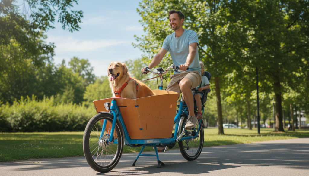 A vibrant and inviting scene showcasing a family-friendly cargo bike (Lastenfahrrad) designed to transport a happy, medium-sized dog comfortably in a spacious basket. In the foreground, the cargo bike is depicted in a sunny, urban park setting, featuring bright colors and a durable design. The middle ground includes the family enjoying a leisurely ride, with one adult wearing casual, modest clothing, guiding the bike while the excited dog gazes out, tongue out, enjoying the fresh air. The background features green trees and a clear blue sky, enhancing the cheerful atmosphere. Natural lighting casts soft shadows, suggesting a serene afternoon vibe, ideal for an adventure with a pet. A vibrant and inviting scene showcasing a family-friendly cargo bike (Lastenfahrrad) designed to transport a happy, medium-sized dog comfortably in a spacious basket. In the foreground, the cargo bike is depicted in a sunny, urban park setting, featuring bright colors and a durable design. The middle ground includes the family enjoying a leisurely ride, with one adult wearing casual, modest clothing, guiding the bike while the excited dog gazes out, tongue out, enjoying the fresh air. The background features green trees and a clear blue sky, enhancing the cheerful atmosphere. Natural lighting casts soft shadows, suggesting a serene afternoon vibe, ideal for an adventure with a pet.