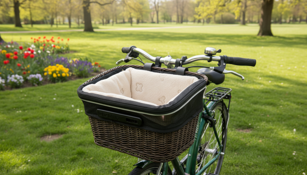 A well-designed "klickfix hundekorb" secured on the front of a bicycle, showcasing its attachment mechanism. In the foreground, focus on the basket made of durable materials, featuring a cozy, cushioned interior for a small dog. The middle ground reveals the bicycle, with a sleek frame and ergonomic handles, highlighting the secure attachment of the dog basket. In the background, a park setting with soft green grass and vibrant flowers, creating a serene atmosphere. Soft, natural lighting enhances the scene, casting gentle shadows. The angle should be slightly downward, capturing both the basket and the bicycle's stylish details, conveying a sense of safety and comfort for pets during rides. A well-designed "klickfix hundekorb" secured on the front of a bicycle, showcasing its attachment mechanism. In the foreground, focus on the basket made of durable materials, featuring a cozy, cushioned interior for a small dog. The middle ground reveals the bicycle, with a sleek frame and ergonomic handles, highlighting the secure attachment of the dog basket. In the background, a park setting with soft green grass and vibrant flowers, creating a serene atmosphere. Soft, natural lighting enhances the scene, casting gentle shadows. The angle should be slightly downward, capturing both the basket and the bicycle's stylish details, conveying a sense of safety and comfort for pets during rides.