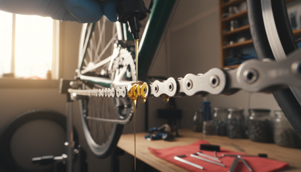 A close-up image of a bike chain being lubricated with a smooth, shiny oil. In the foreground, a gloved hand delicately applies oil to the chain, highlighting the intricate details of the chain links. In the middle ground, a well-maintained bicycle stands on a work stand, with tools neatly arranged nearby, conveying an organized workspace. The background features a blurred garage setting with soft, natural light filtering through a window, creating a warm and inviting atmosphere. The focus is sharp on the bike chain and the oil application, while the overall mood reflects care and maintenance, emphasizing the importance of regular bike chain upkeep. A close-up image of a bike chain being lubricated with a smooth, shiny oil. In the foreground, a gloved hand delicately applies oil to the chain, highlighting the intricate details of the chain links. In the middle ground, a well-maintained bicycle stands on a work stand, with tools neatly arranged nearby, conveying an organized workspace. The background features a blurred garage setting with soft, natural light filtering through a window, creating a warm and inviting atmosphere. The focus is sharp on the bike chain and the oil application, while the overall mood reflects care and maintenance, emphasizing the importance of regular bike chain upkeep.