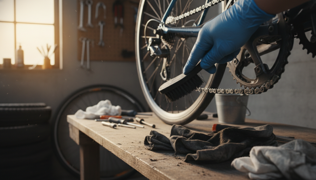 A close-up view of a bicycle chain being cleaned manually without chain cleaner. In the foreground, a gloved hand holds a cleaning brush, gently scrubbing the links of a shiny, well-maintained bicycle chain. The middle layer features the bicycle itself, propped against a wooden workbench, with tools and rags scattered around, showcasing a DIY atmosphere. The background includes soft-focused details of a garage with warm, natural lighting filtering through a window, creating an inviting and industrious mood. Emphasize the textures of the chain and brush, capturing the essence of a simple, effective maintenance task for cyclists. The composition should feel practical and encouraging for readers looking to care for their bicycles. A close-up view of a bicycle chain being cleaned manually without chain cleaner. In the foreground, a gloved hand holds a cleaning brush, gently scrubbing the links of a shiny, well-maintained bicycle chain. The middle layer features the bicycle itself, propped against a wooden workbench, with tools and rags scattered around, showcasing a DIY atmosphere. The background includes soft-focused details of a garage with warm, natural lighting filtering through a window, creating an inviting and industrious mood. Emphasize the textures of the chain and brush, capturing the essence of a simple, effective maintenance task for cyclists. The composition should feel practical and encouraging for readers looking to care for their bicycles.